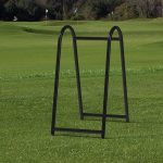 Stack and store golf bag stand. Rounded construction allows for easy storeage. 100% Aluminum. Virtually maintenance-free.